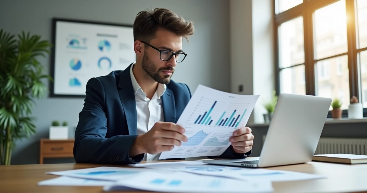 Empreendedor analisa relatórios de validação de ideia de negócio