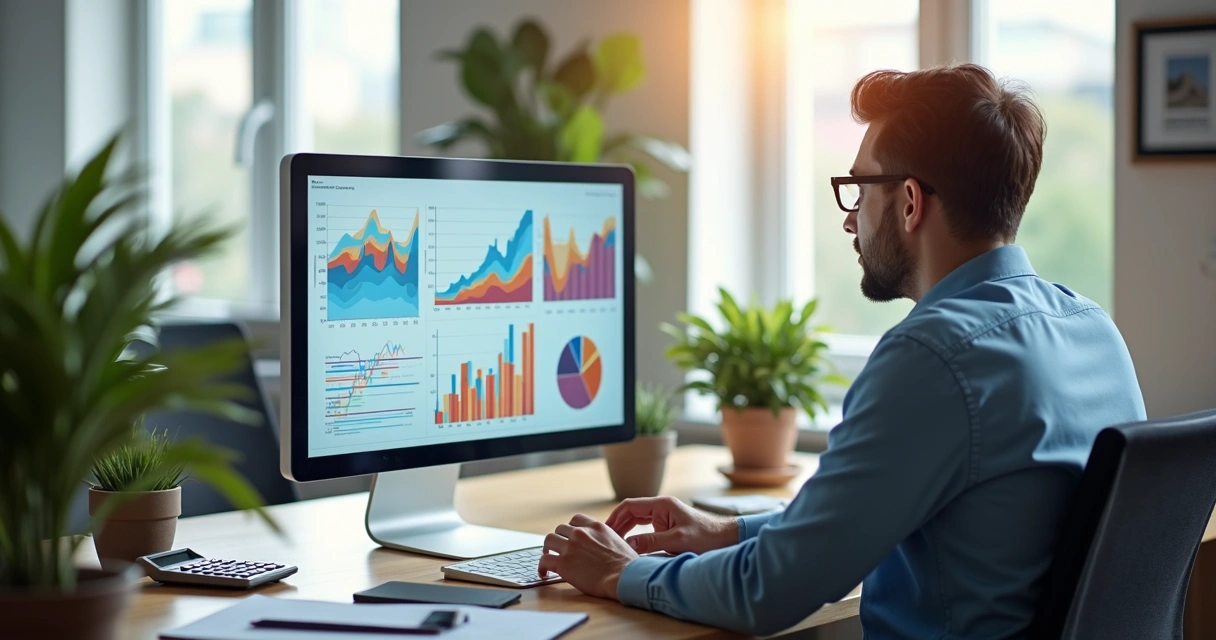 Empreendedor analisando gráficos financeiros em tela de computador moderno 