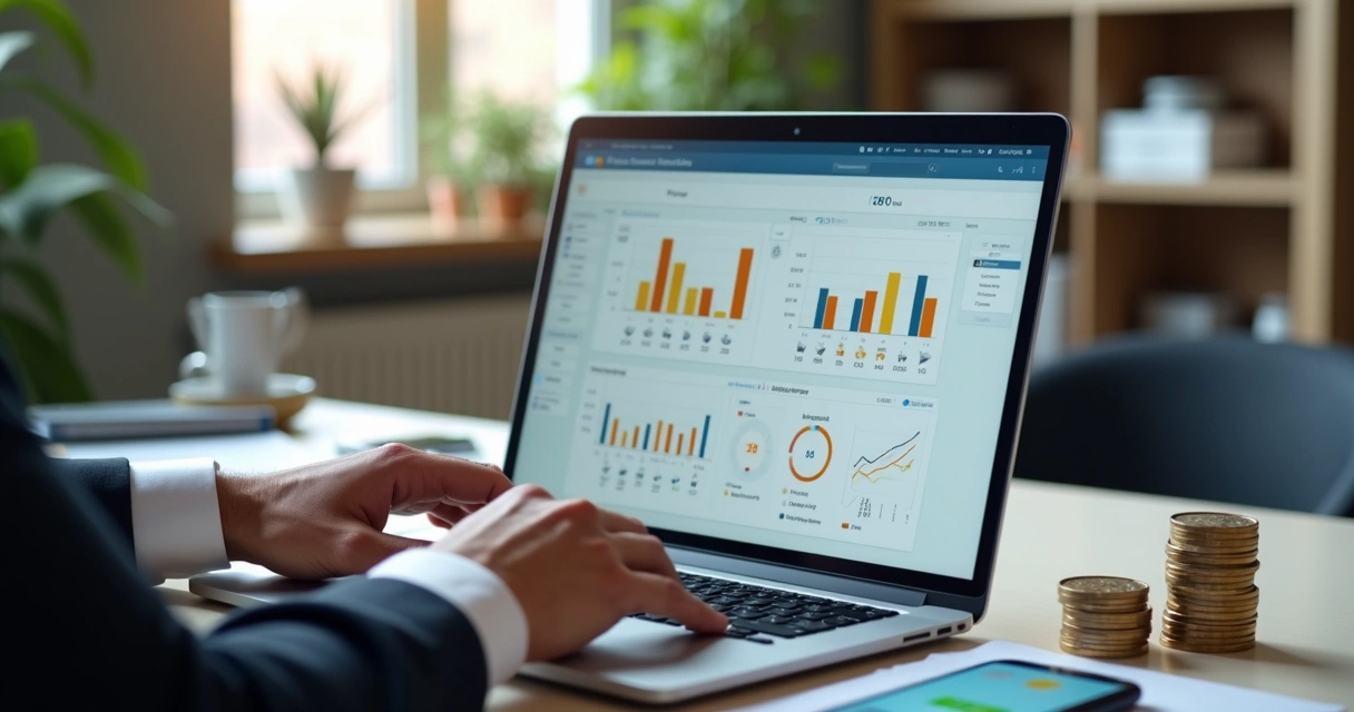 Empresário analisando opções de link de pagamento em tela de notebook com gráficos e ícones financeiros ao fundo 