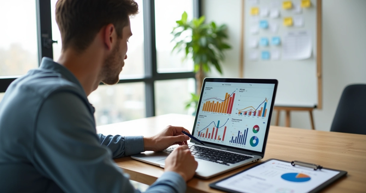 Empreendedor analisando métricas de demanda em gráficos coloridos na tela do laptop 
