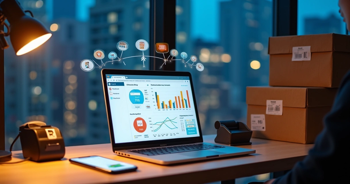Empreendedora controlando vendas online em painel de app de gestão no laptop 