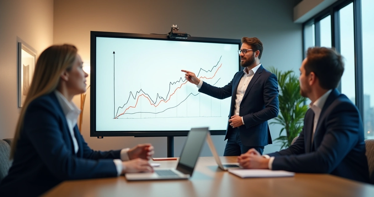 Empreendedor de terno apresentando gráfico de crescimento em reunião com investidores