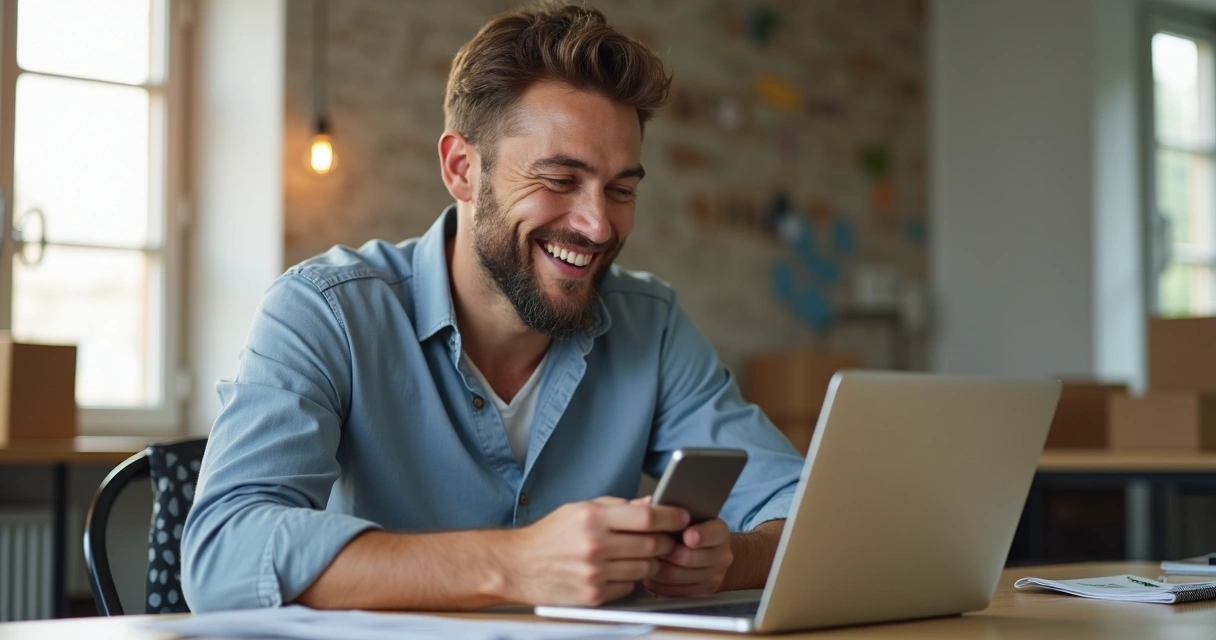 Empreendedor feliz com celular, conferindo aumento das vendas na tela