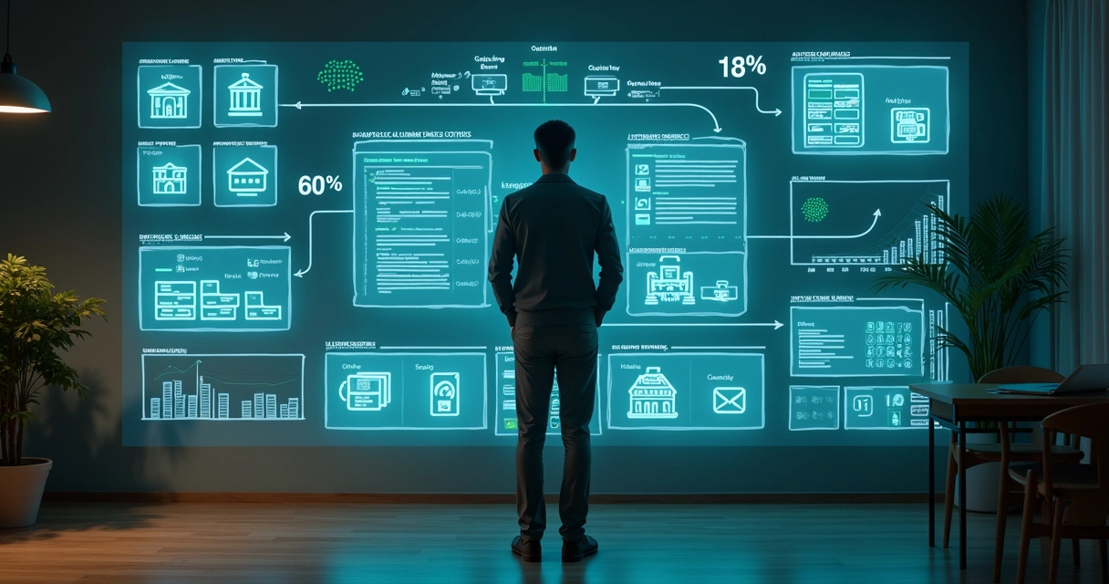 Empreendedor observando parede de automação financeira e redução de custos 