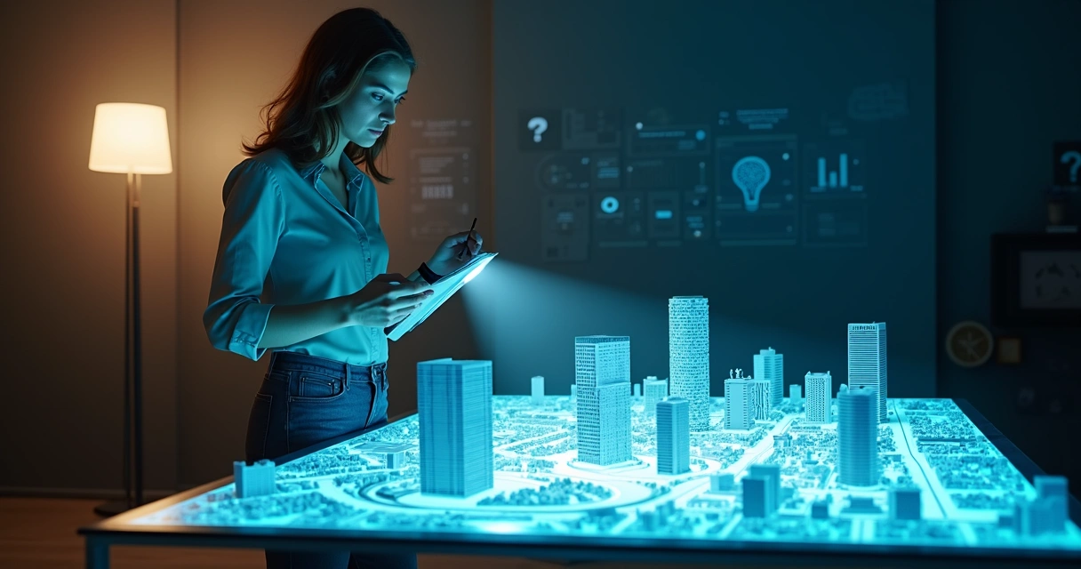 Empreendedora observa maquete de cidade com paredes invisíveis reveladas por luz 