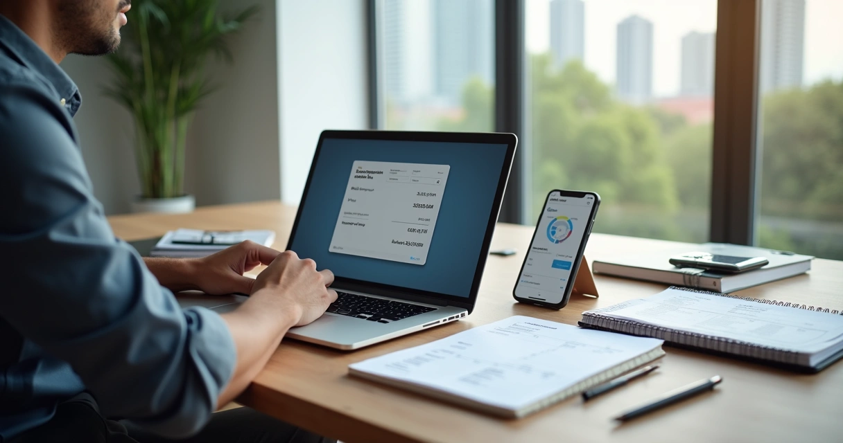 Empreendedor analisando boletos bancários como pessoa jurídica em notebook 