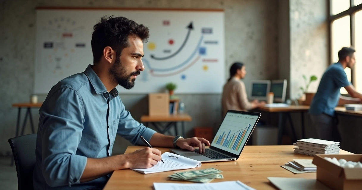 Empreendedor brasileiro planejando crescimento de negócio enxuto em escritório simples 