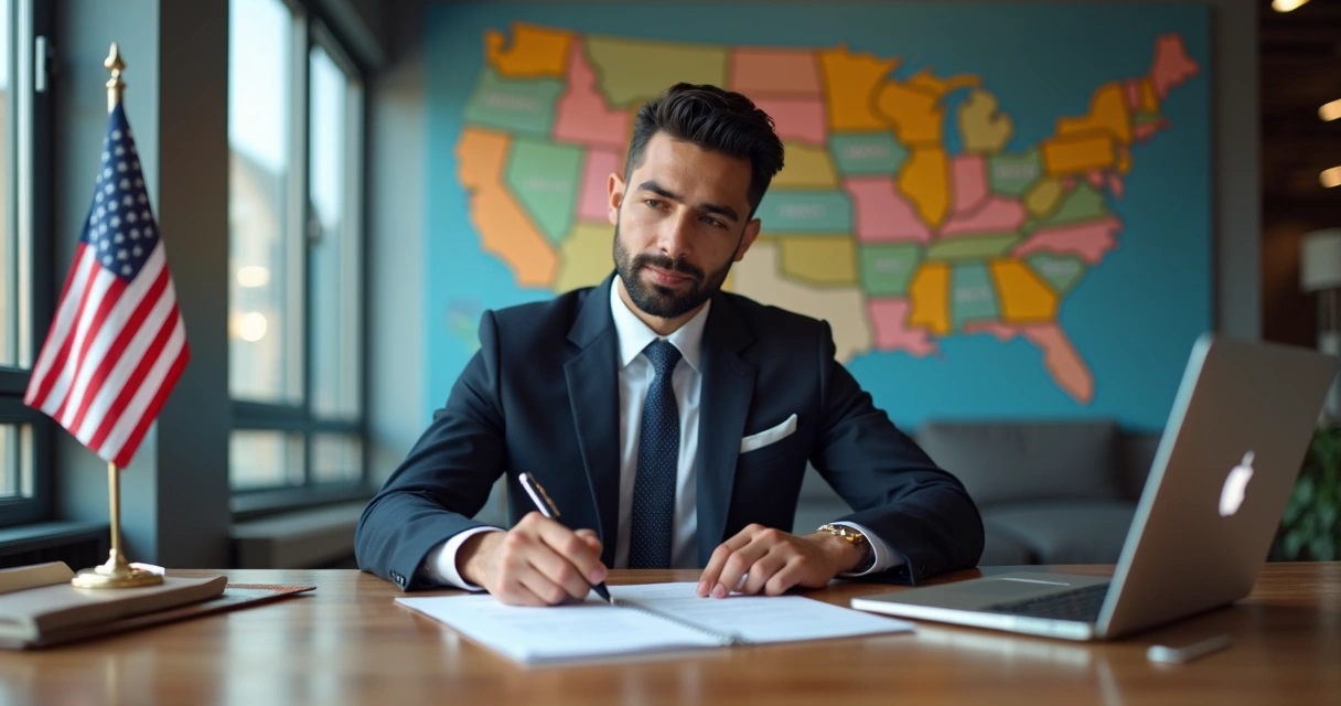 Empreendedor brasileiro assinando papéis para abrir empresa nos EUA 