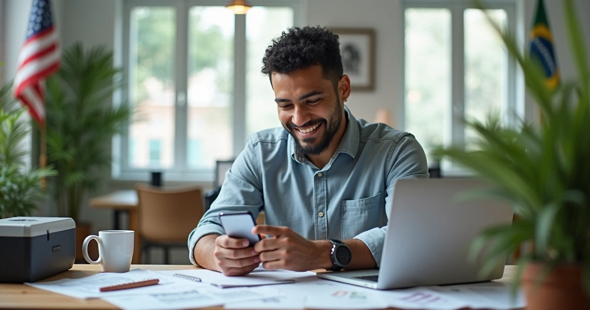 Comparativo das melhores fintechs para empresas brasileiras nos EUA 2 Empreendedor brasileiro usando laptop para abrir conta empresarial online