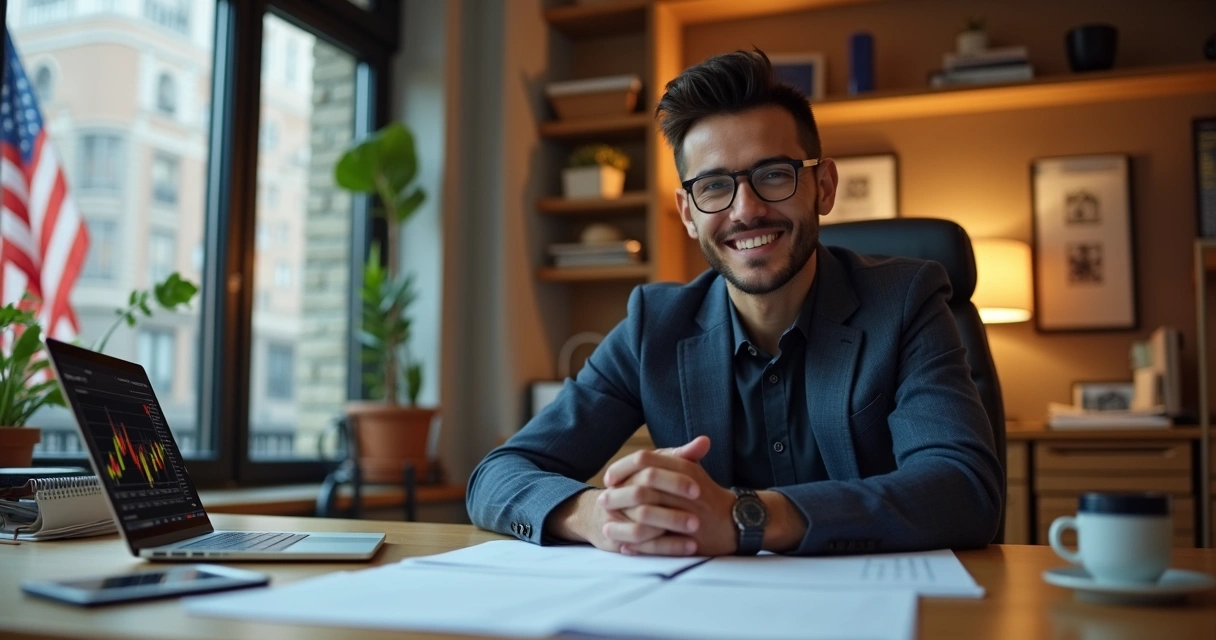 Crédito empresarial nos EUA: Como construir do zero em 2026 1 Empreendedor brasileiro analisando documentos em escritório nos Estados Unidos.