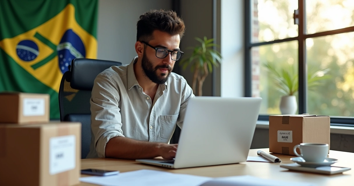 Empreendedor brasileiro usando notebook para acessar marketplace internacional.