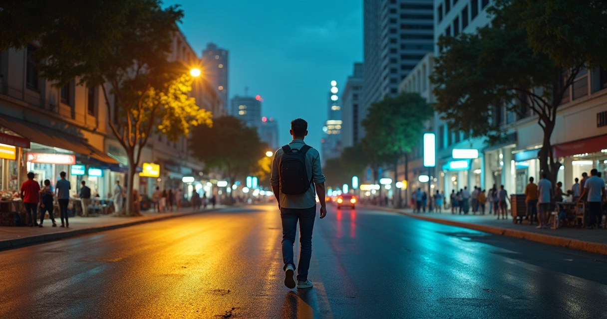 Empreendedor solitário caminhando à noite por rua dividida entre caos e ordem 