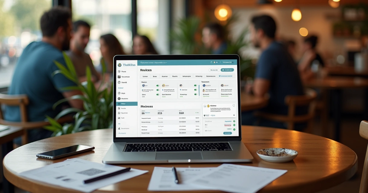 Empreendedor em cafeteria usando notebook para automatizar emissão de boletos e Pix 