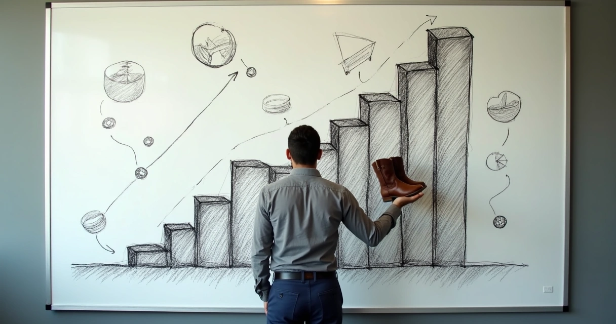 Empreendedor brasileiro segurando botas e olhando para crescimento de empresa desenhada no quadro 