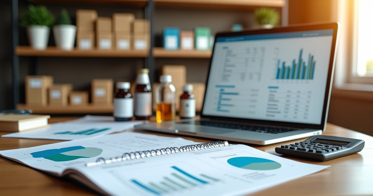 Empreendedor calculando preço de produtos com calculadora e gráficos financeiros ao lado 