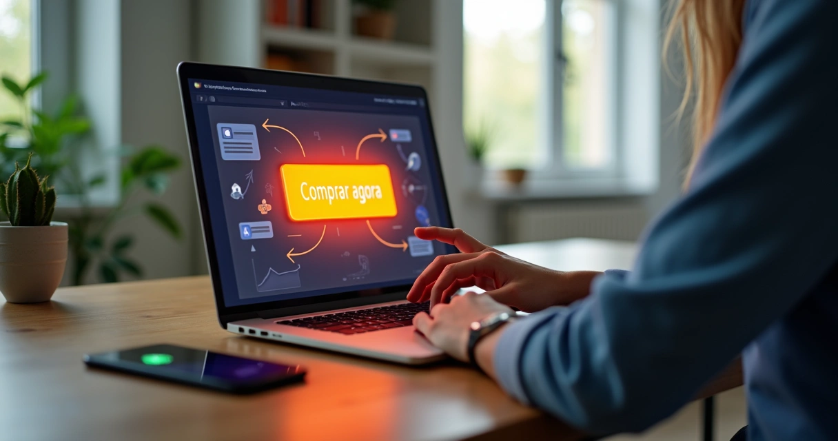 Empreendedor clicando em botão call to action em tela com gráficos de vendas 