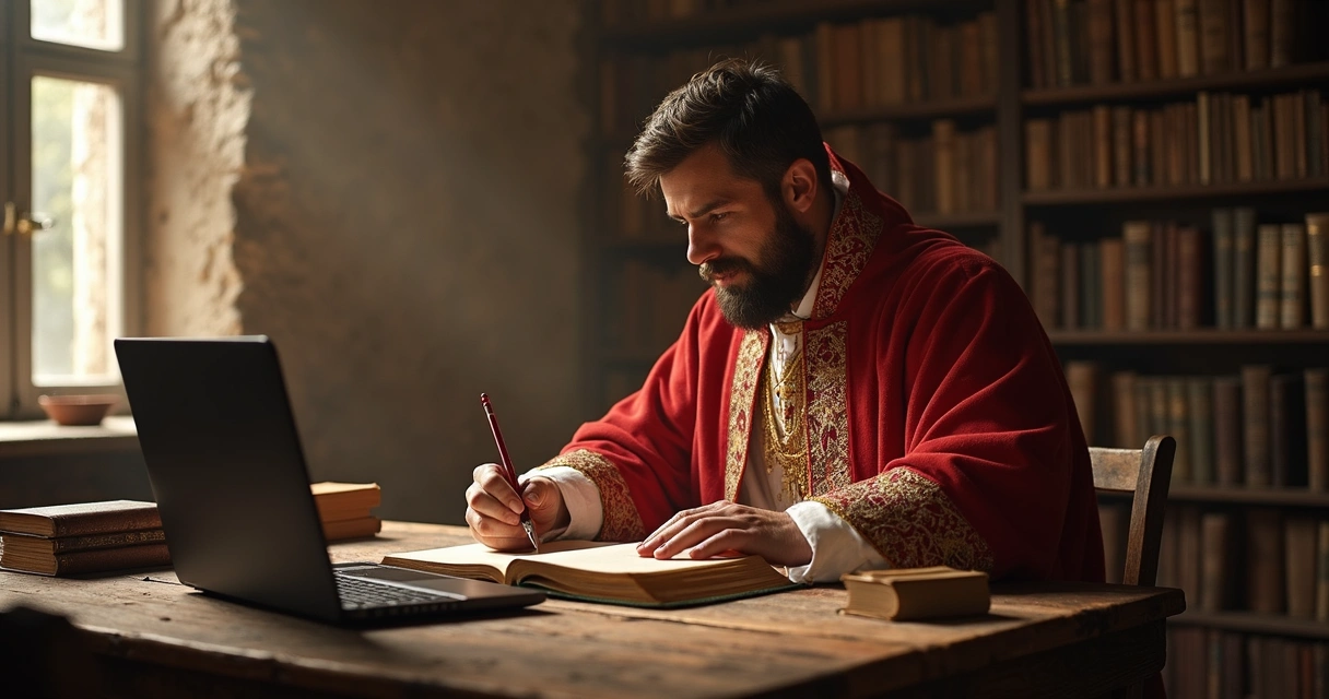 Empreendedor católico trabalhando em escritório, com Bíblia aberta e laptop na mesa 