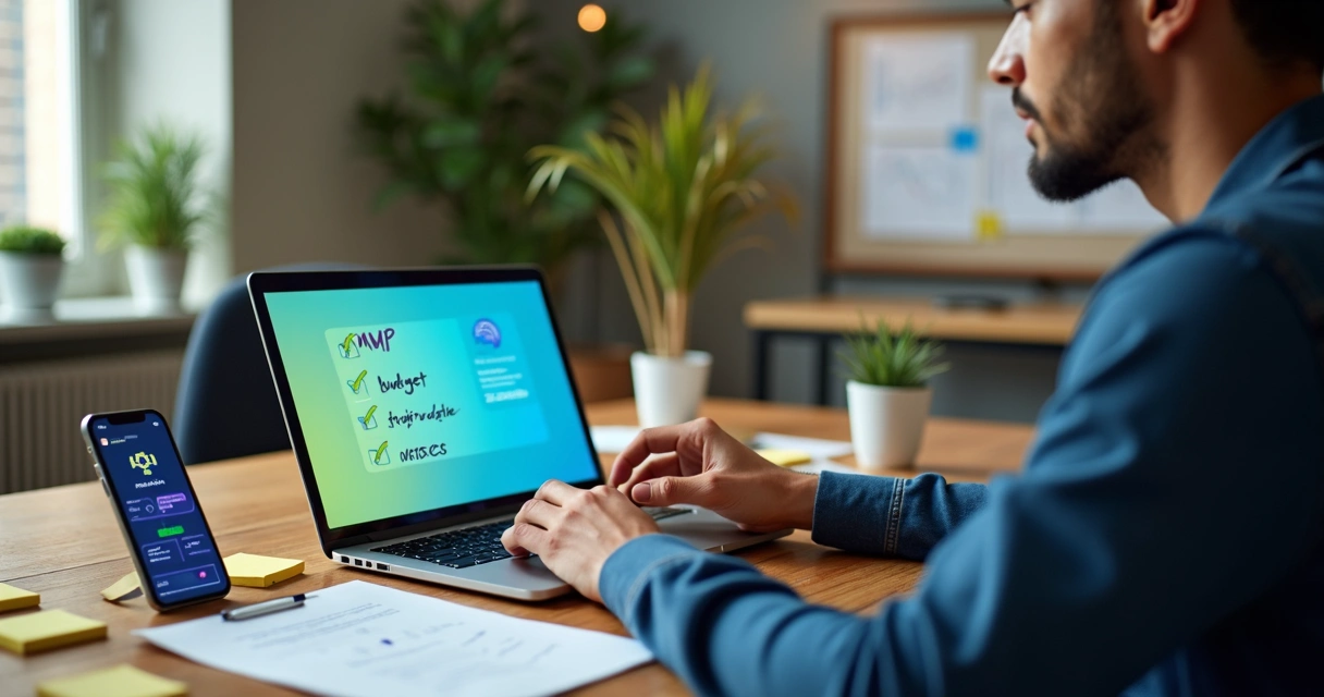 Empreendedor analisando checklist de MVP em laptop sobre mesa com ícones de tecnologia 