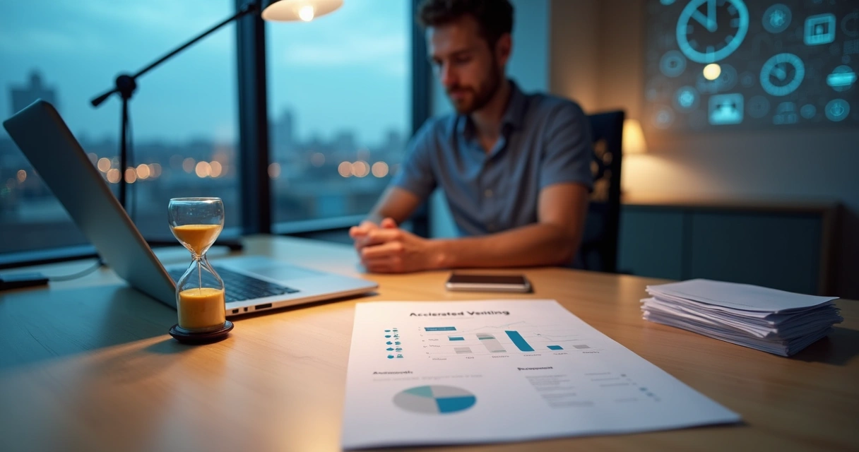 Empreendedor analisando checklist de vesting acelerado com ícones de tempo e equity 