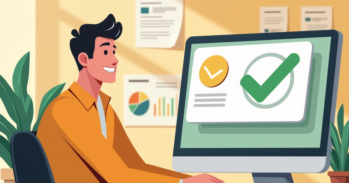 Empreendedor satisfeito ao lado de uma tela de checkout aprovado 