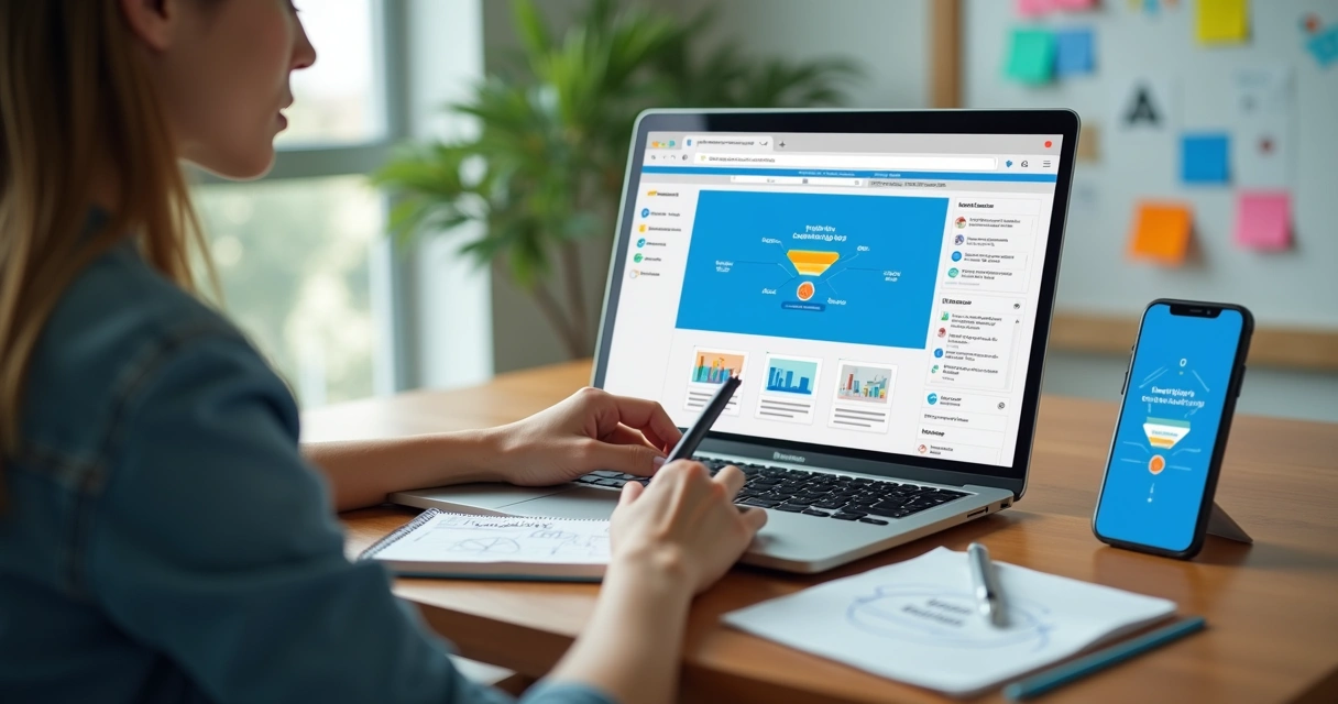 Empreendedor iniciante planejando presença digital em notebook e celular 