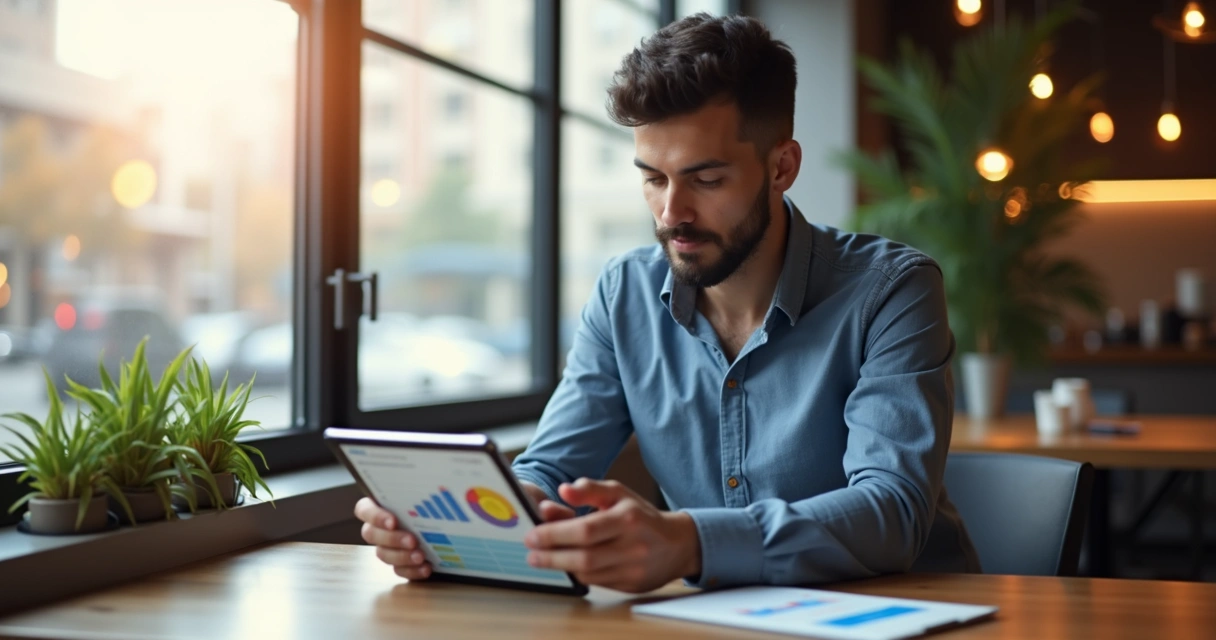 Empreendedor analisando painel de crescimento em tablet 