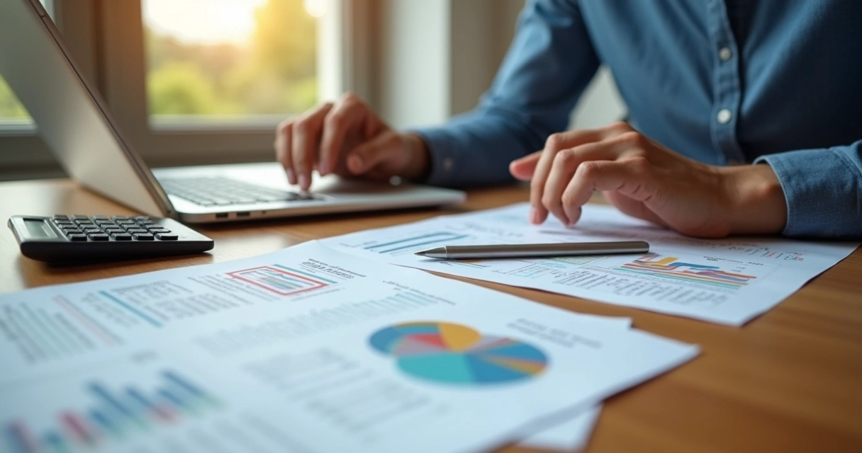 Empreendedor analisando documentação financeira em mesa com laptop e cadernos 