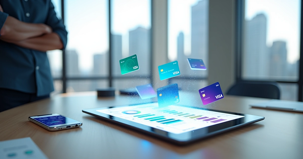 Empreendedor observando vários cartões digitais personalizados flutuando ao redor de um tablet na mesa 