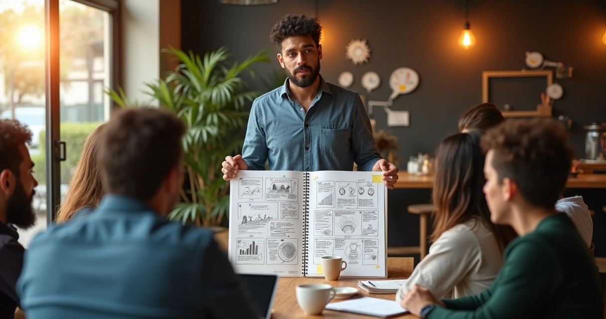 Empreendedor apresentando história visual para grupo de clientes em roda 
