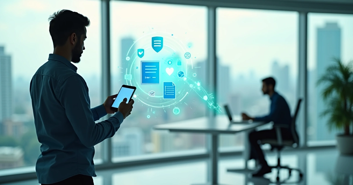 Empresário brasileiro observando projeção digital de extratos automatizados indo para o contador 