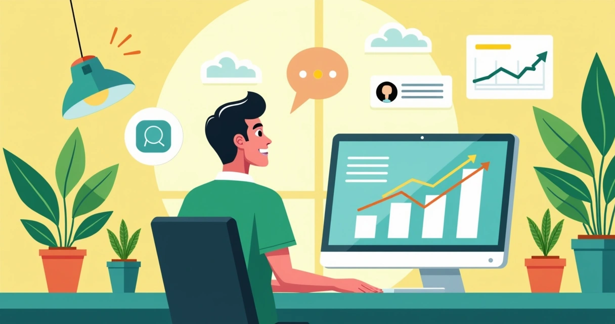 Empreendedor feliz vendo gráficos de crescimento em pagamentos digitais 