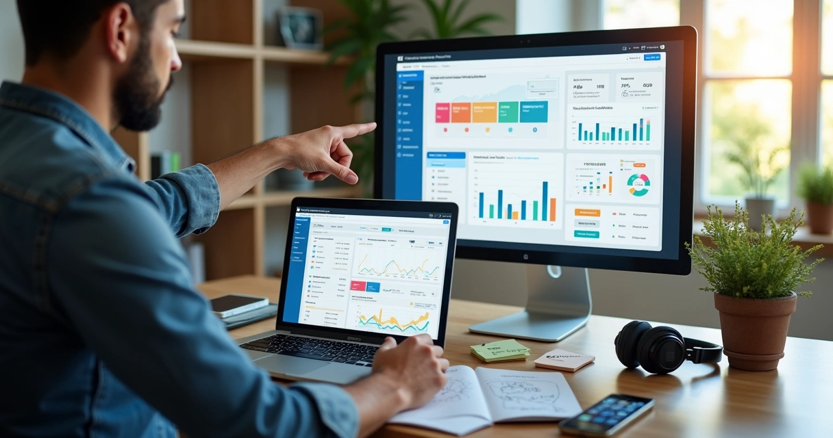 Empreendedor analisando desempenho de landing page em laptop com gráficos de conversão 