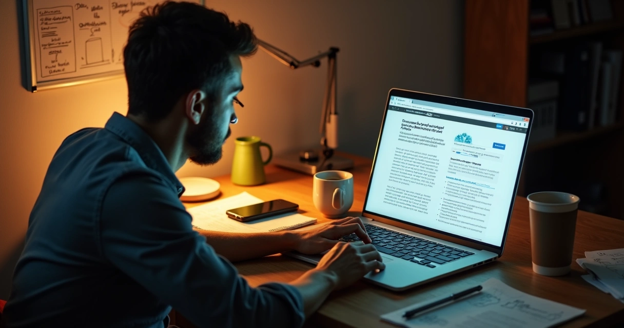 Empresário cria página de vendas simples e eficiente em laptop numa mesa bagunçada 