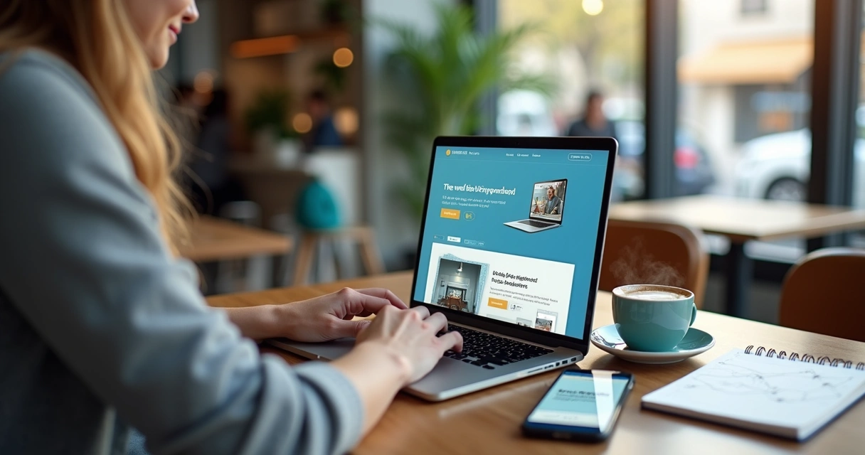 Empreendedor criando site profissional grátis em laptop moderno 
