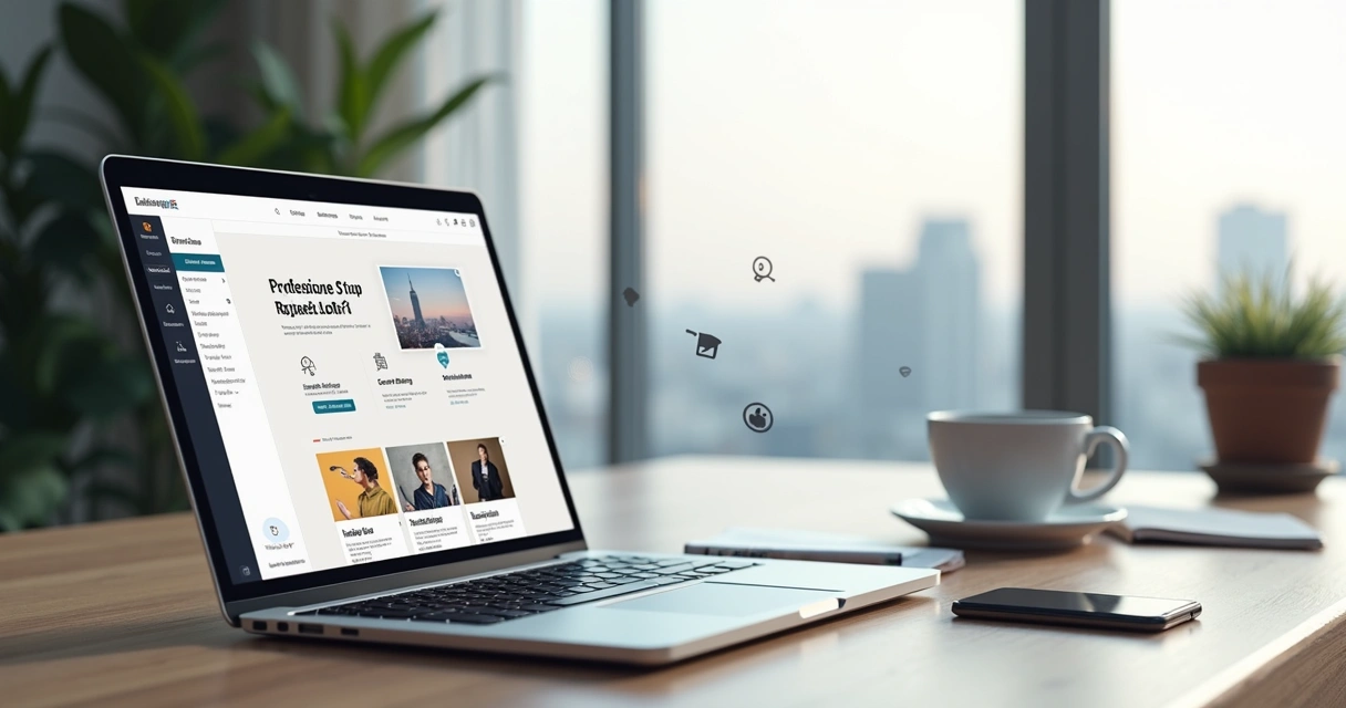 Empreendedor criando site gratuito profissional em laptop 