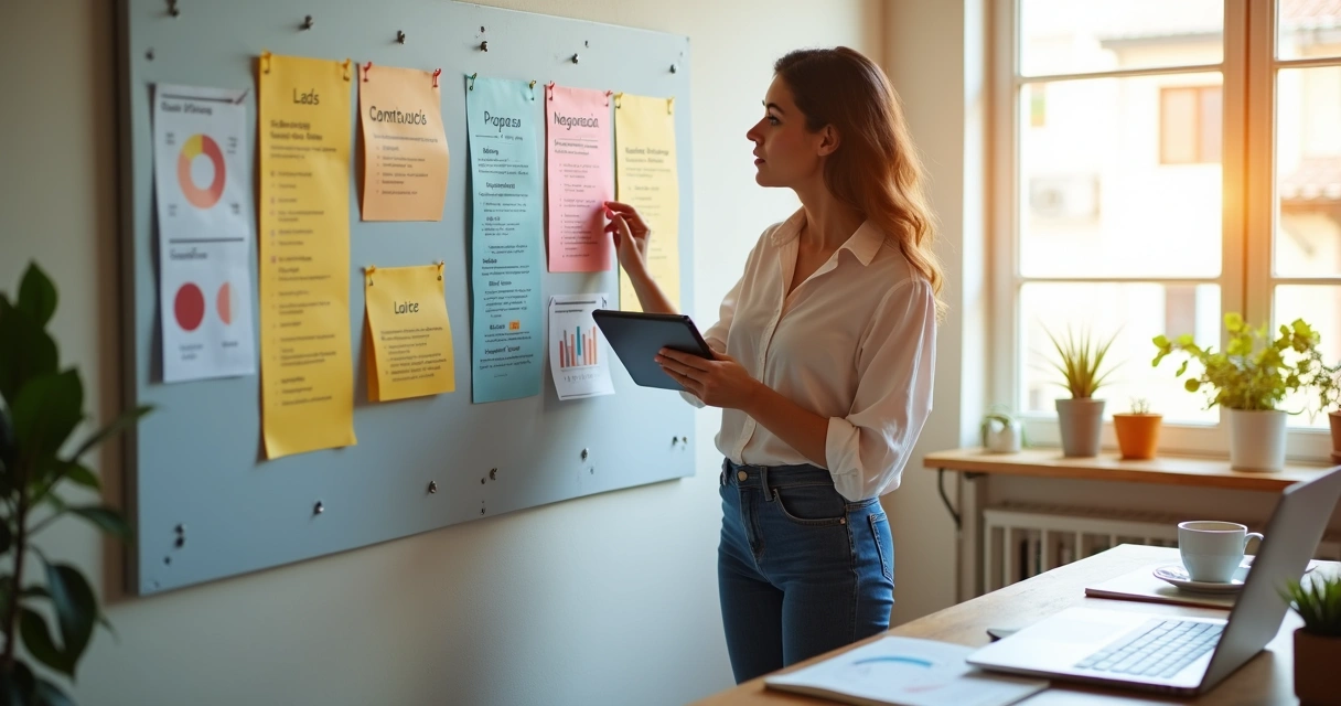 Entrepreneur organizing clients on a visual kanban-style board