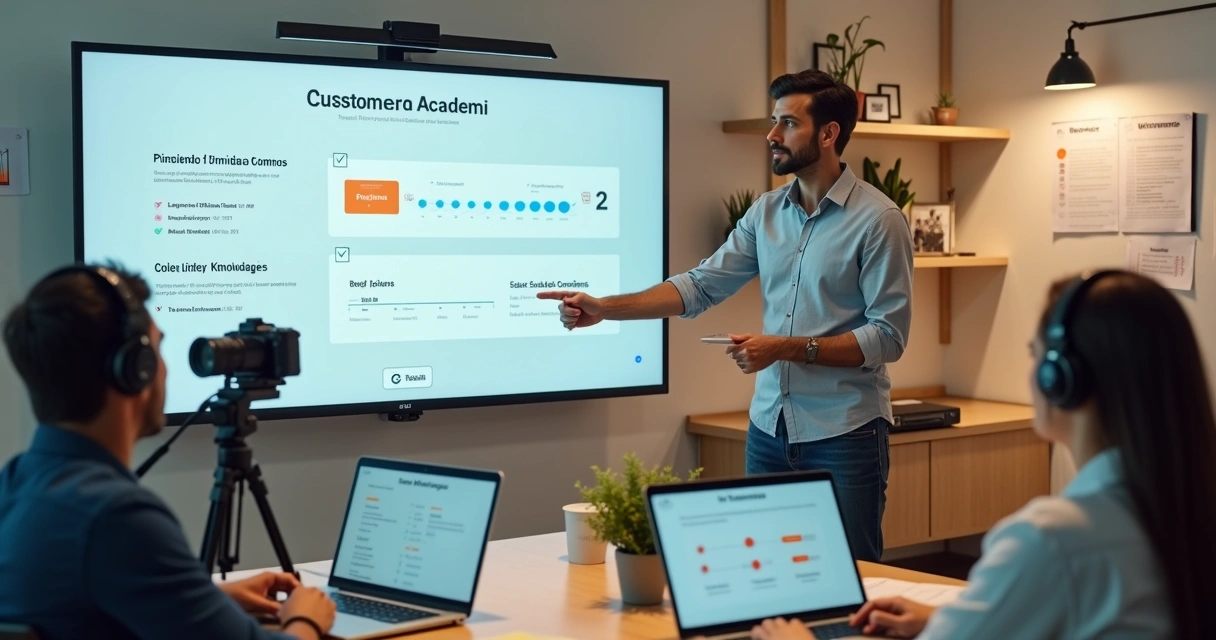 Empresário gravando curso online enquanto clientes assistem em telas menores 