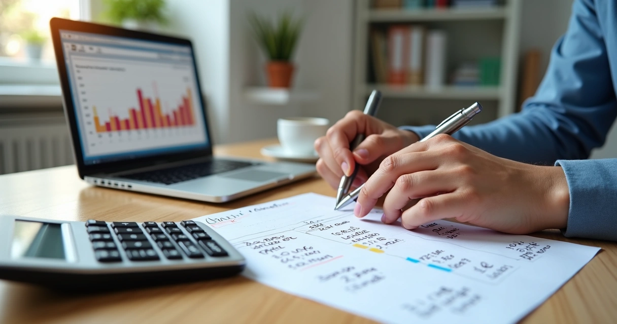 Profissional definindo preço de serviço em mesa com calculadora e gráficos 