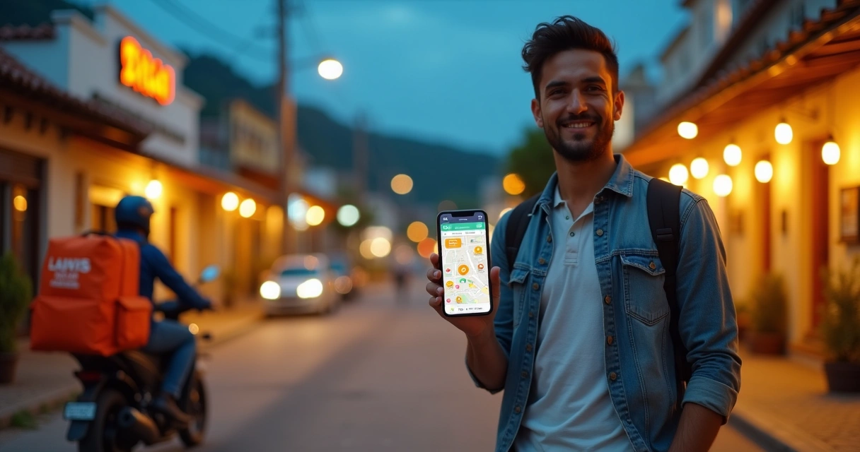 Empreendedor de delivery mostrando app de pedidos em cidade pequena 