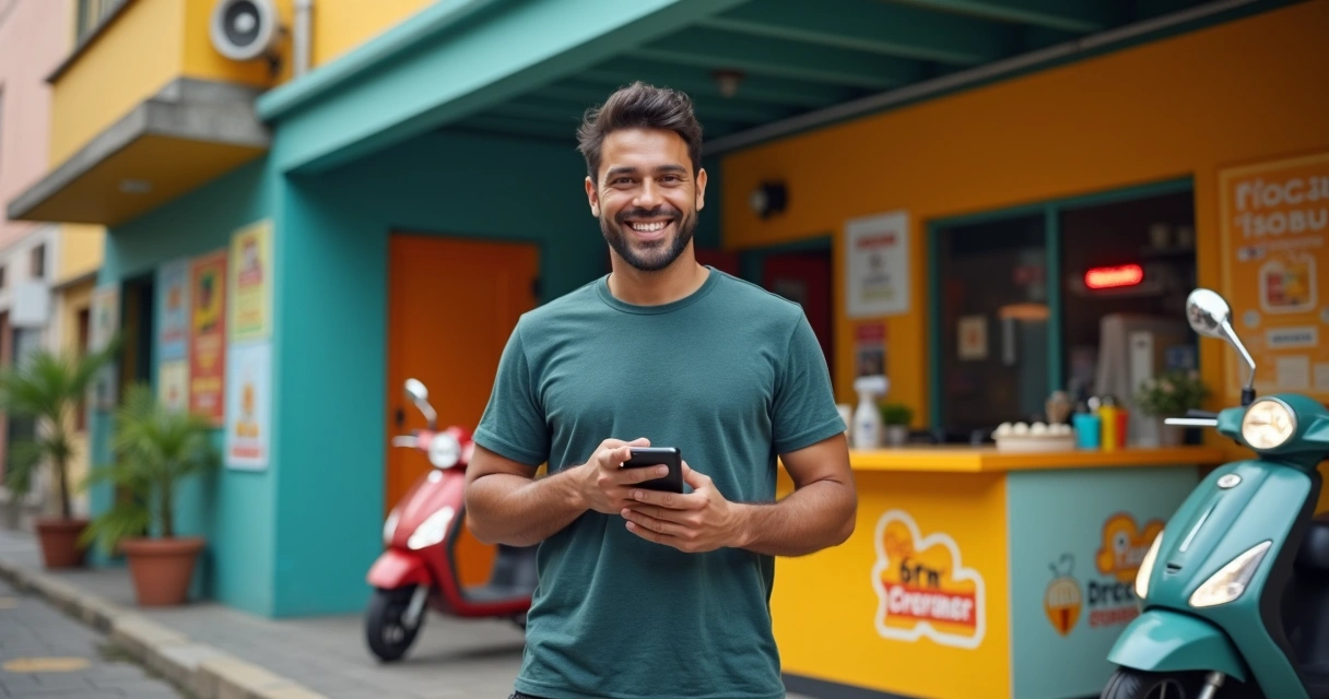 Empreendedor sorrindo em frente ao ponto de delivery com celular na mão 