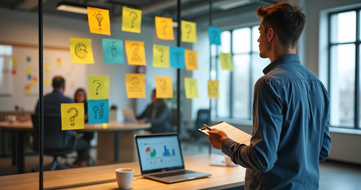 Empreendedor analisando post-its coloridos para descobrir o diferencial da ideia 