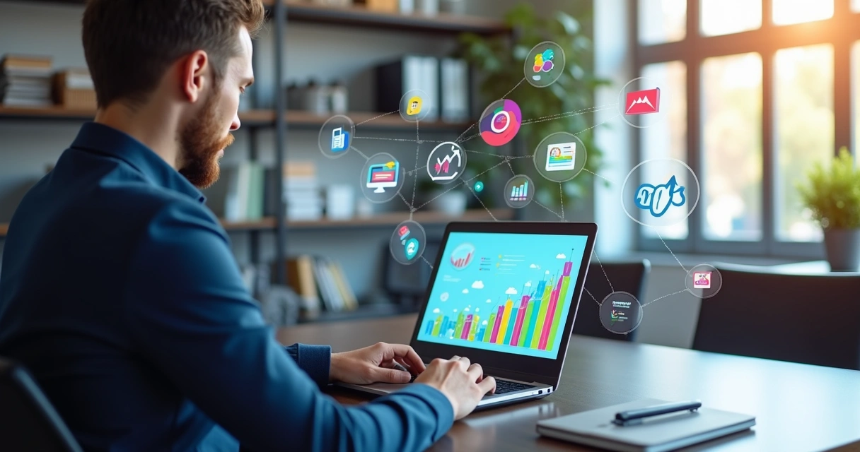 Empresário usando laptop com gráficos e ferramentas digitais ao redor para crescimento empresarial 