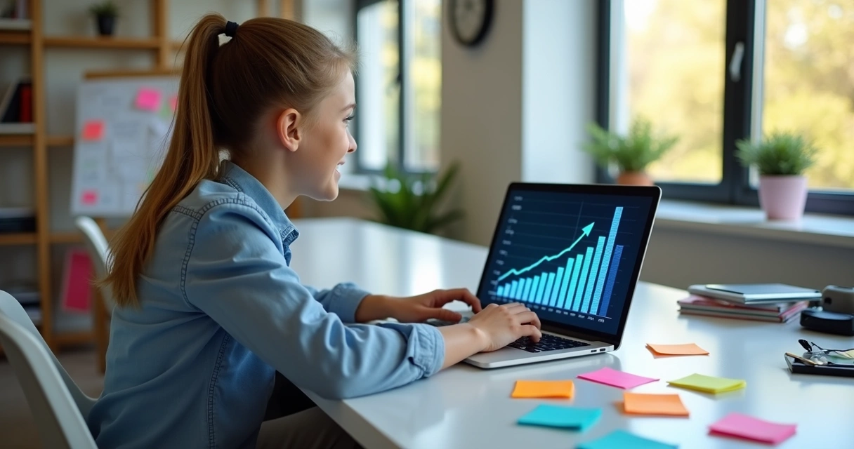 Pessoa jovem e entusiasmada com laptop mostrando gráfico crescente de sucesso digital em tela, em ambiente moderno com elementos tecnológicos e notas adesivas coloridas ao redor 