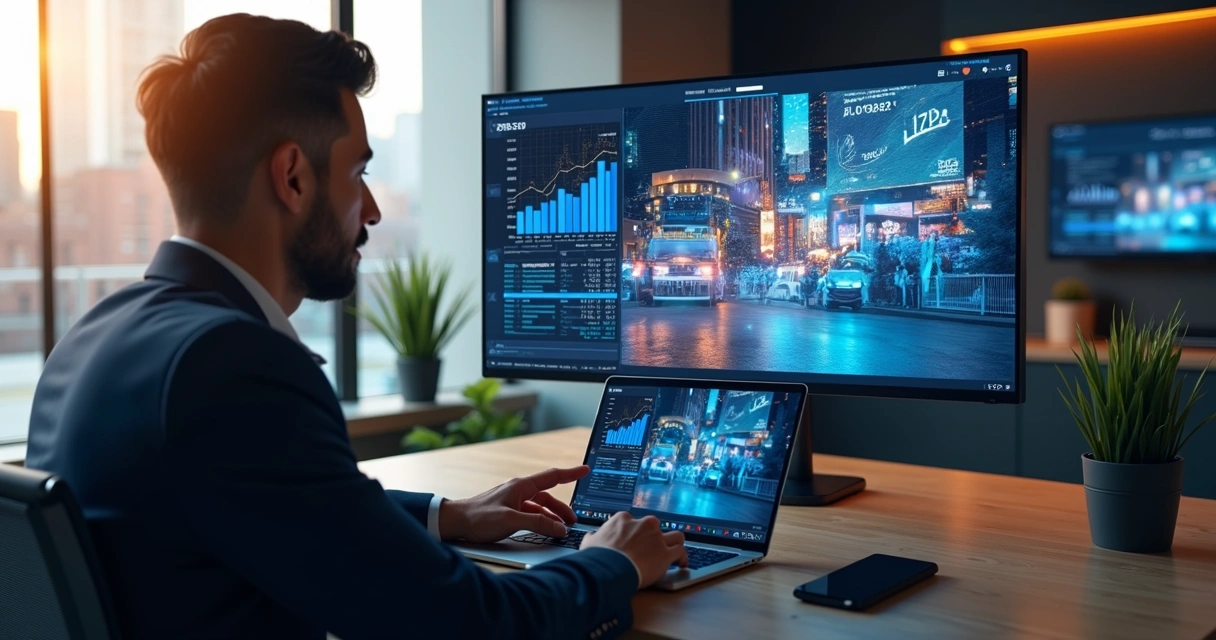 Empreendedor digital gerenciando displays digitais em tela de computador com gráficos de desempenho 