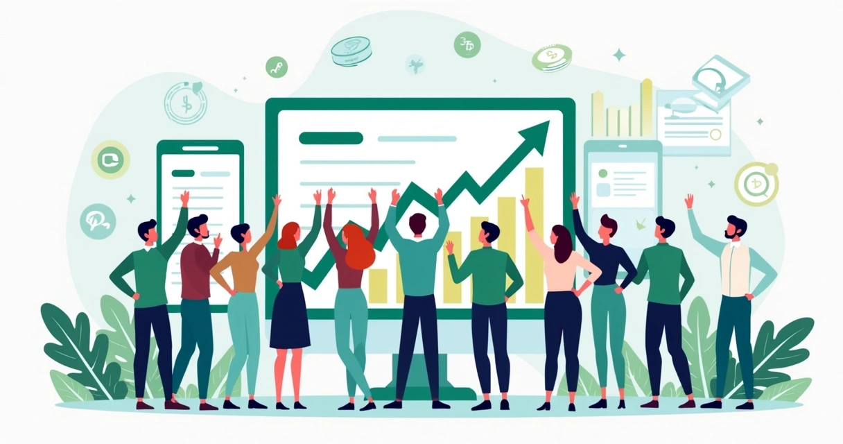 Equipe de empreendedores digitais comemorando crescimento com gráficos 
