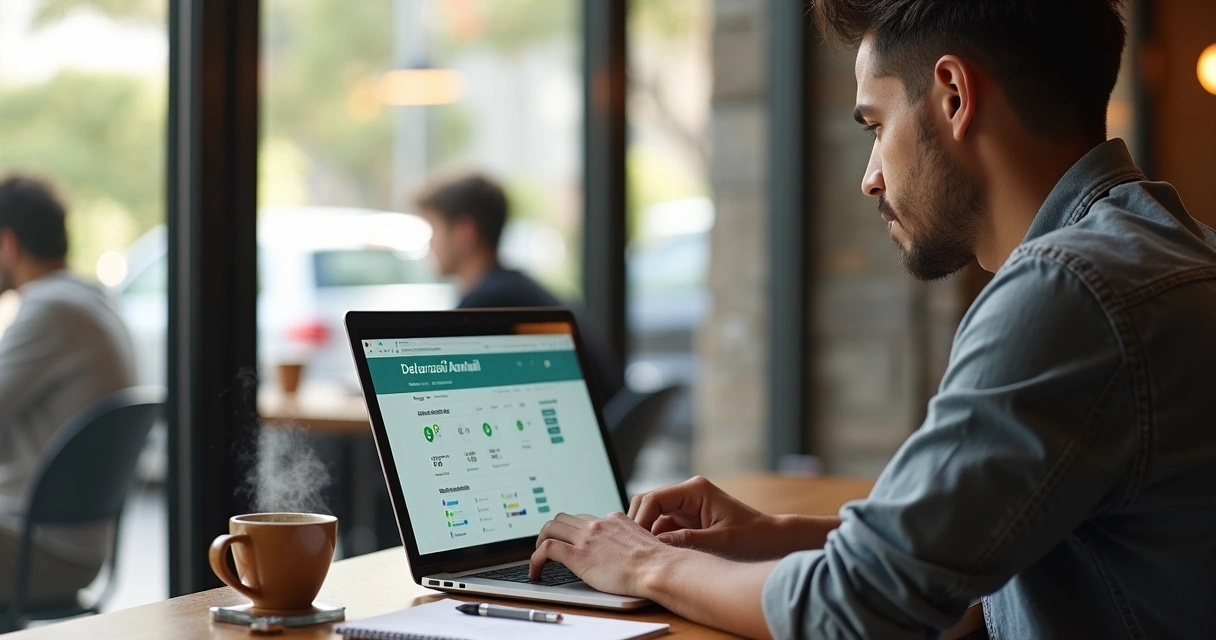 Empreendedor digital em café moderno preenchendo declaração DASN SIMEI online no notebook 