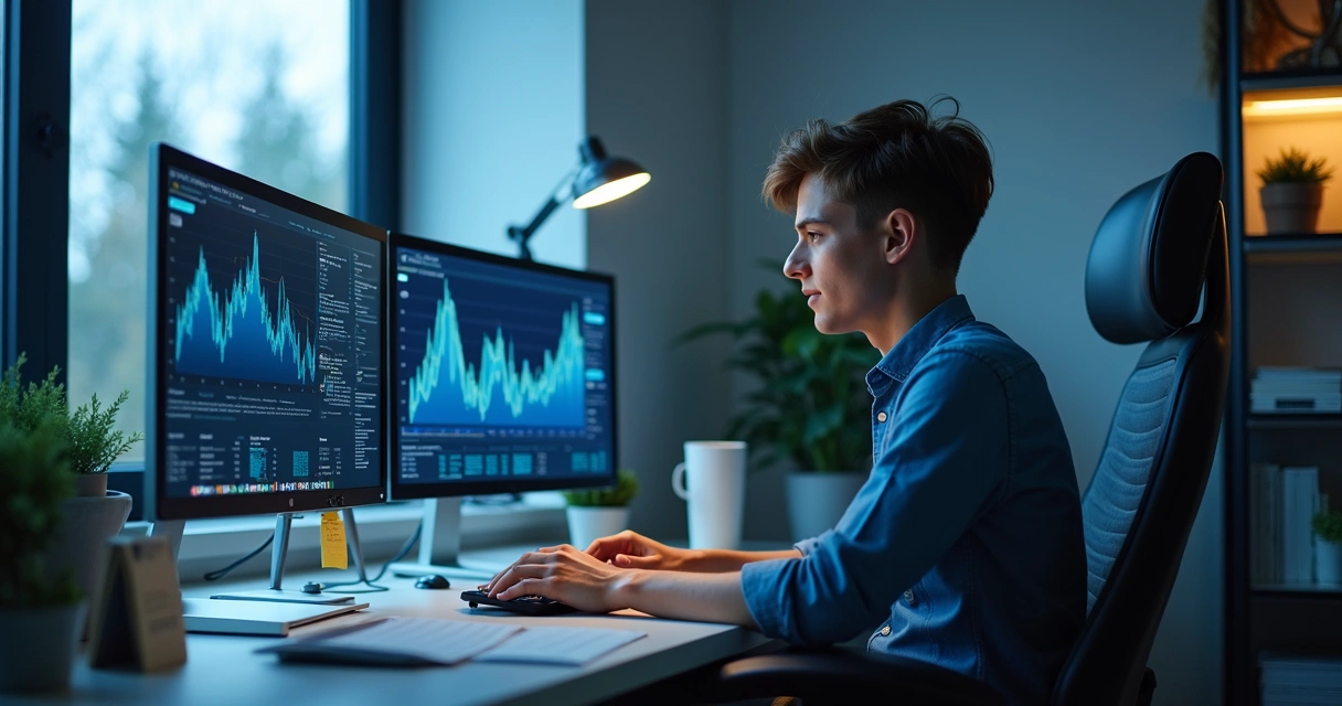 Empreendedor digital em escritório moderno com dois monitores 