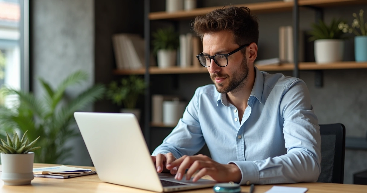 Empreendedor olhando tela de loja virtual no notebook em ambiente de pequeno escritório 