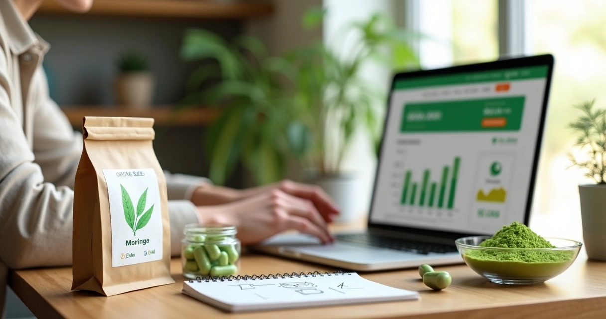Empreendedor digital trabalha ao notebook com produtos de moringa na mesa 