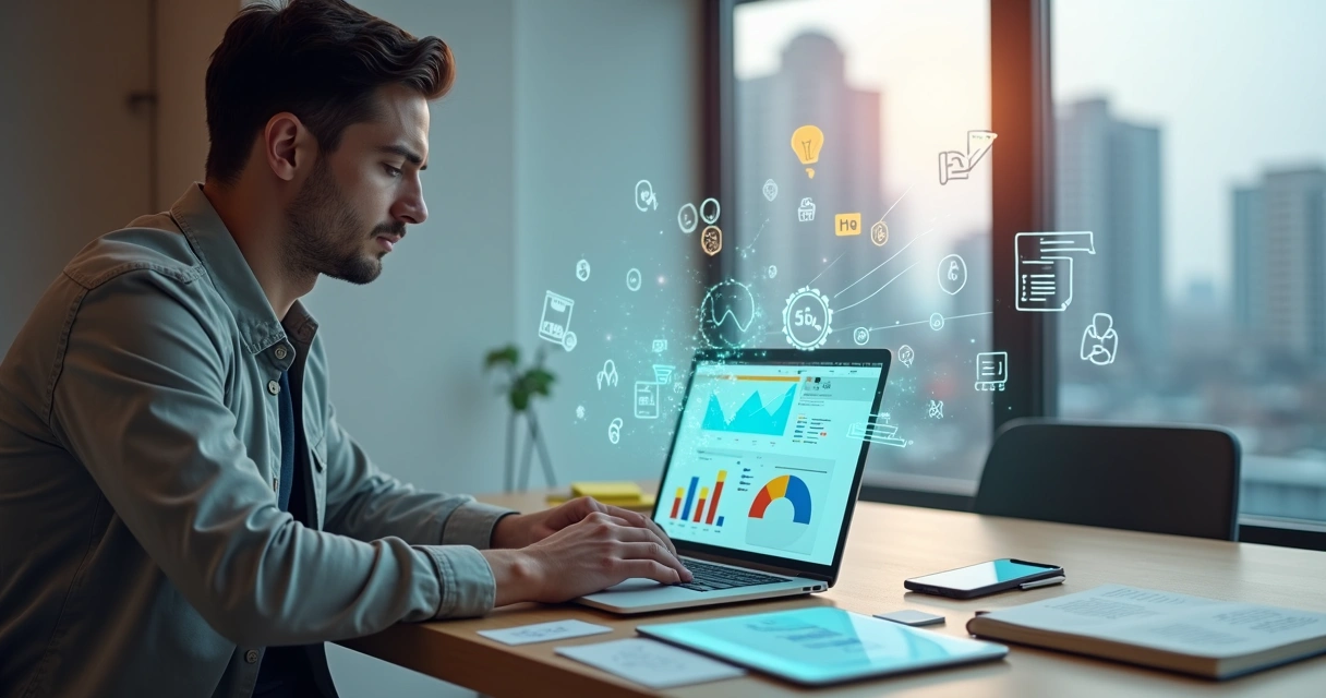 Empreendedor digital planejando negócio no notebook com ícones de tecnologia ao fundo 